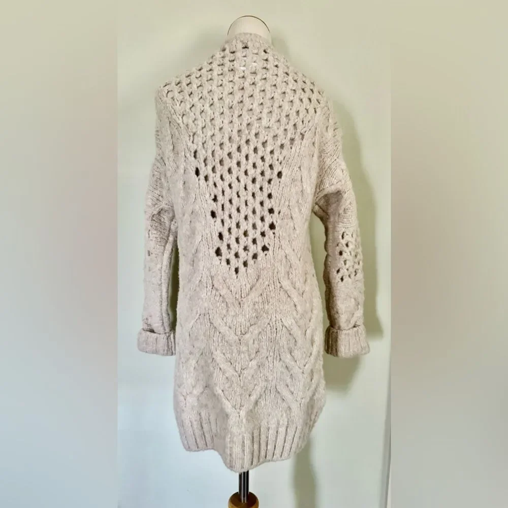 🆕 [I R O] “Air” Beige Cable Knit Wool Blend Long Cardigan Sz: S - Picture 7 of 11
